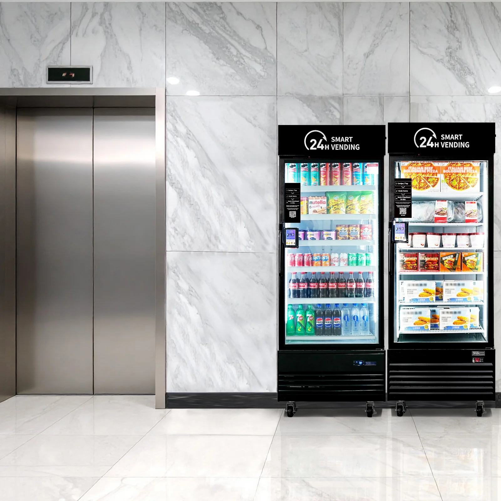 Smart vending machines beside an elevator lobby