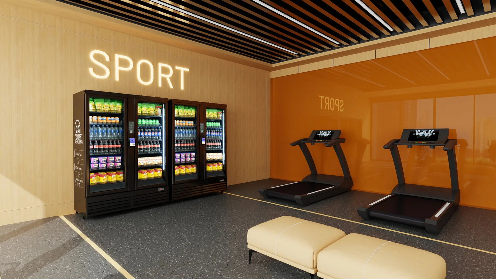 Smart vending coolers beside treadmills in a gym