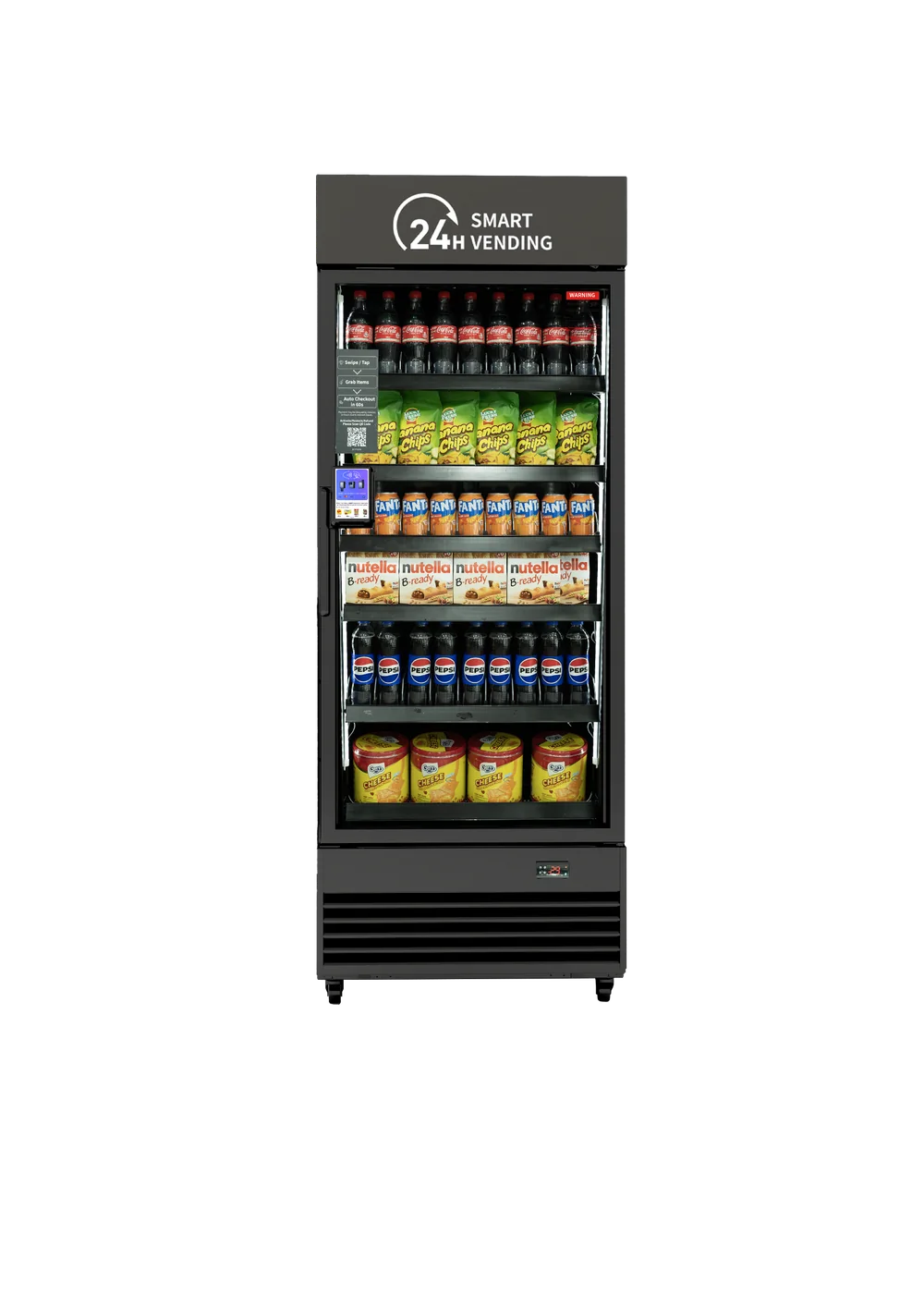 Smart vending cooler stocked with snacks and drinks