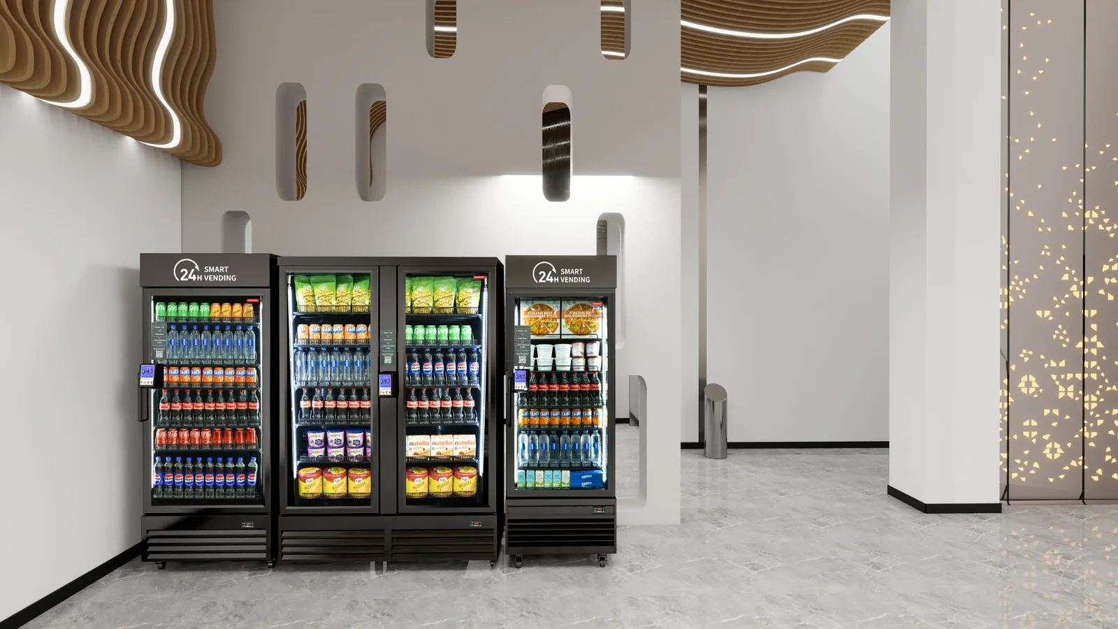 Smart vending coolers in a modern public lobby